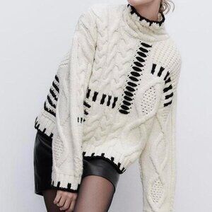 Zara Chunky Cable Knit Patchwork Turtleneck Sweater Cream Black Size S